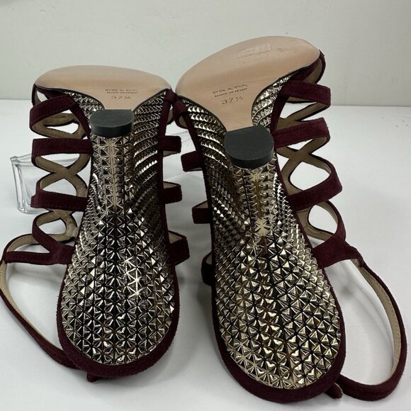 Prada Women's Burgundy Open Toe Strappy Wedge Metallic Sandal EU‎ 37.5 / US 7 - Picture 10 of 17